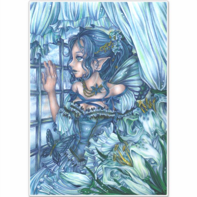 Frost Fairy Girl's View of a Saphire Winter Aufkleber (Vorderseite)