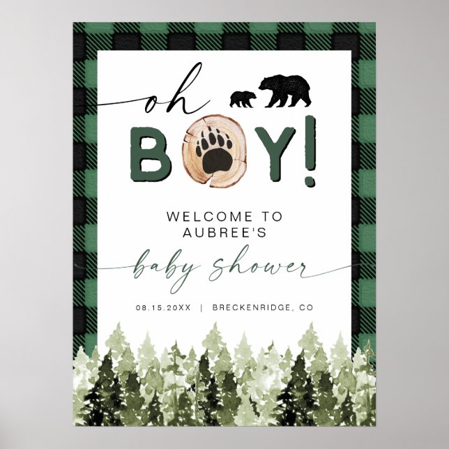 FROST Green Flannel Pine Bear Baby Dusche Willkomm Poster (Vorne)