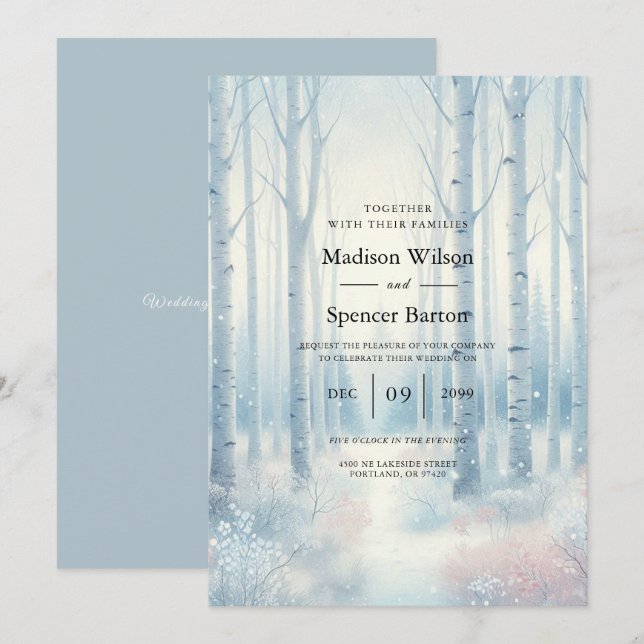 Frosted Blue Birch Forest Wedding Einladung (Vorne/Hinten)