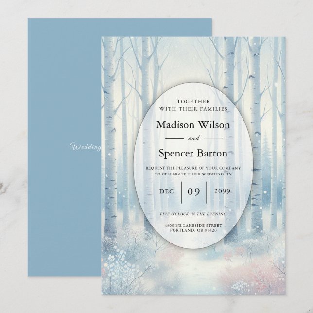 Frosted Blue Birch Forest Wedding Einladung (Vorne/Hinten)