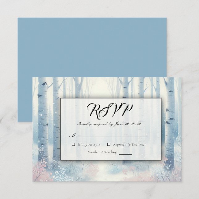 Frosted Blue Birch Forest Wedding RSVP Karte (Vorne/Hinten)