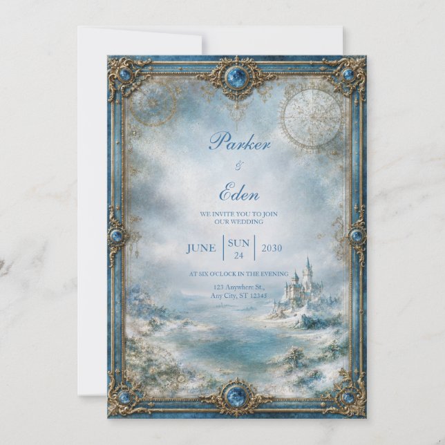 Frosted Blue Castle Hochzeit Einladung (Vorderseite)