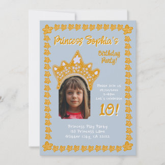 Frosted Blue Princess Crown Floral Photo Birthday Einladung