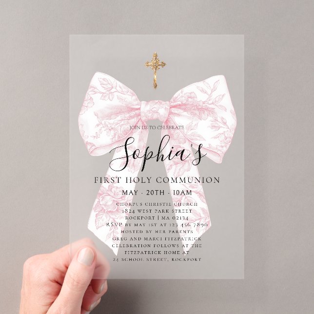 FROSTED Pink Toile Bow Cross Girl First Communion Acryleinladungen (Insitu (Handheld))