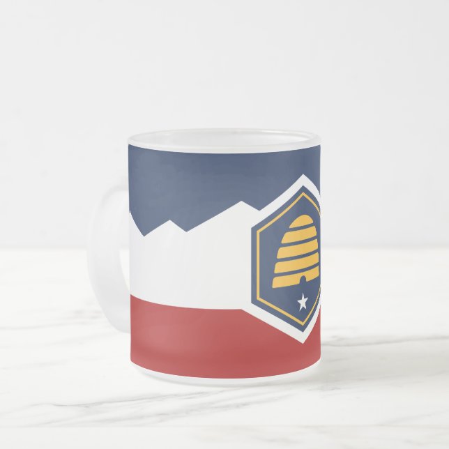Frosted small glass mug with flag of Utah, USA Mattglastasse (Vorderseite Links)