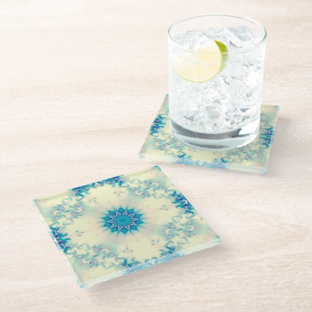 Frostes Wasser Frostig Blaue Winterschneeflocke Glasuntersetzer (Schrägansicht)