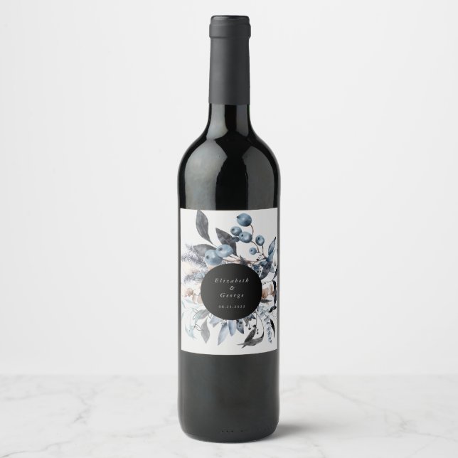 Frostig staubige blaue Winter Blumen-Monogramm-Hoc Weinetikett (Vorderseite)