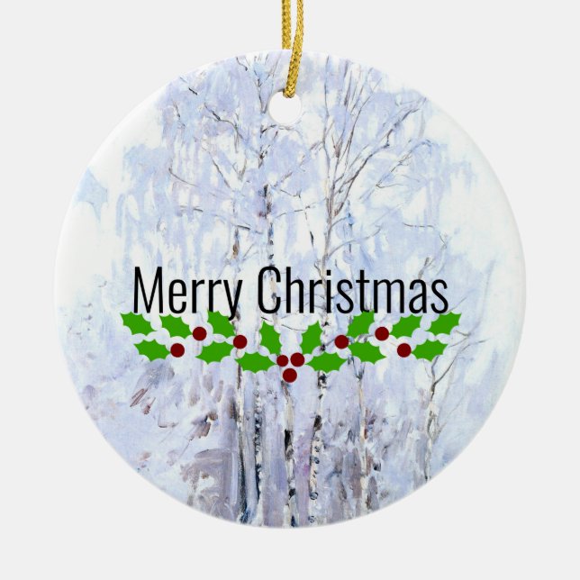 Frostige Birkenbäume, Weihnachtsgrüße Keramik Ornament (Vorne)