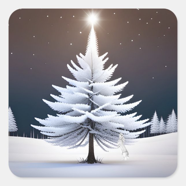 Frostiger Weihnachtsbaum mit Wintersonne Quadratischer Aufkleber (Vorderseite)