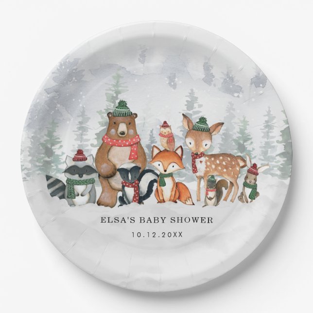 Frostwald Winter Woodland Baby Animans Urlaub Pappteller (Vorderseite)