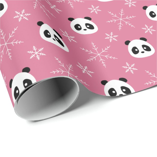 Frosty Berry Pink - Niedliche Pandas mit Schneeflo Geschenkpapier (Rolleneckpunkt)