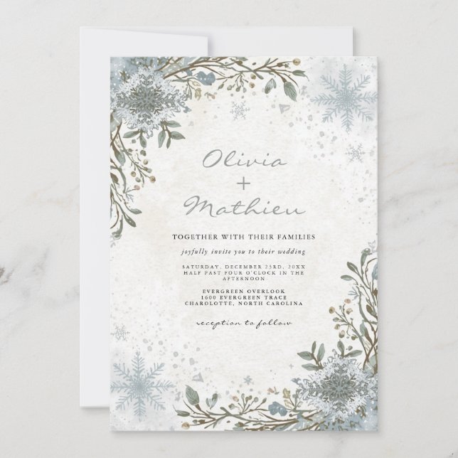 Frosty Blue Winter Botanical Floral Wedding Einladung (Vorderseite)
