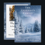 Frosty Blue Winter Landscape Holiday Christmas Feiertagskarte<br><div class="desc">Capture the magic of the season with this stunning, customizable holiday card design. Set against a breathtaking backdrop of frost-covered pine trees and a starry midnight-blue sky, this template combines natural beauty with modern elegance. The layout features a dedicated space for a cherished family photo (shown on the left), allowing...</div>