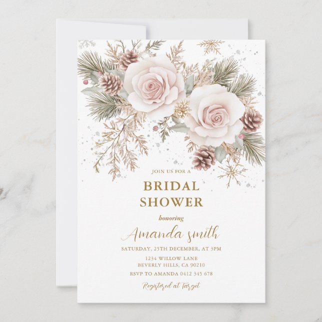 Frosty Flowers Winter Pink Christmas Bridal Shower Einladung (Vorderseite)