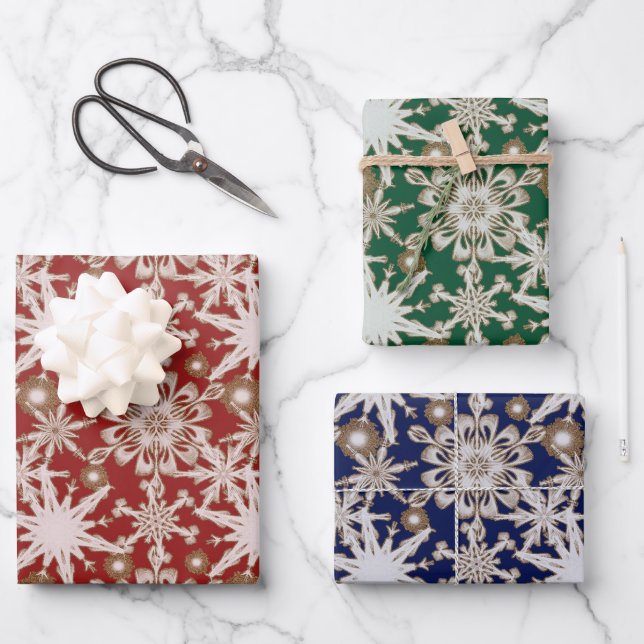 Frosty Gold beschnittene Schneeflocken Wrapping Pa Geschenkpapier Set (Vorderseite)