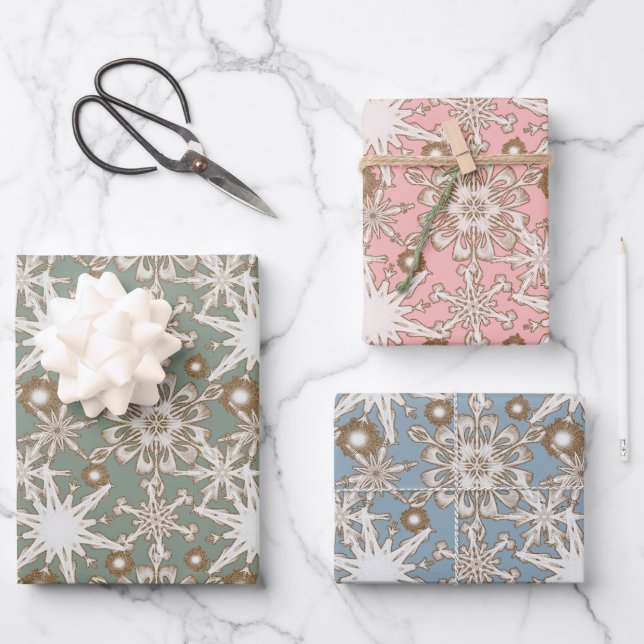 Frosty Gold Trimmer Schneeflocken  Geschenkpapier Set (Vorderseite)