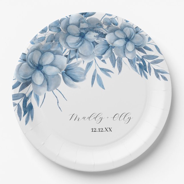 Frosty Grey Blue Floral Wedding Pappteller (Vorderseite)