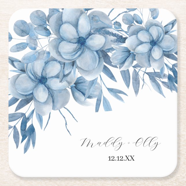 Frosty Grey Blue Floral Wedding Rechteckiger Pappuntersetzer (Vorderseite)