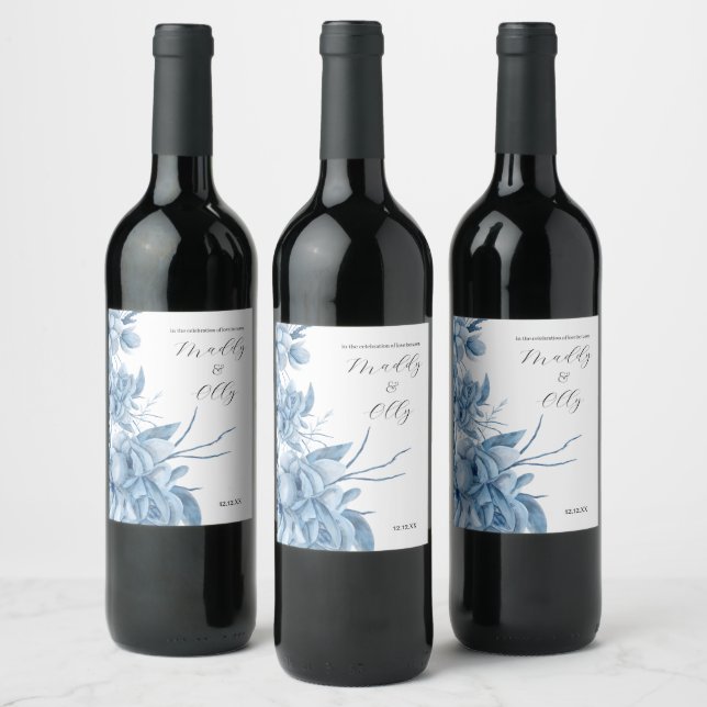 Frosty Grey Blue Floral Wedding Weinetikett (Flaschen)