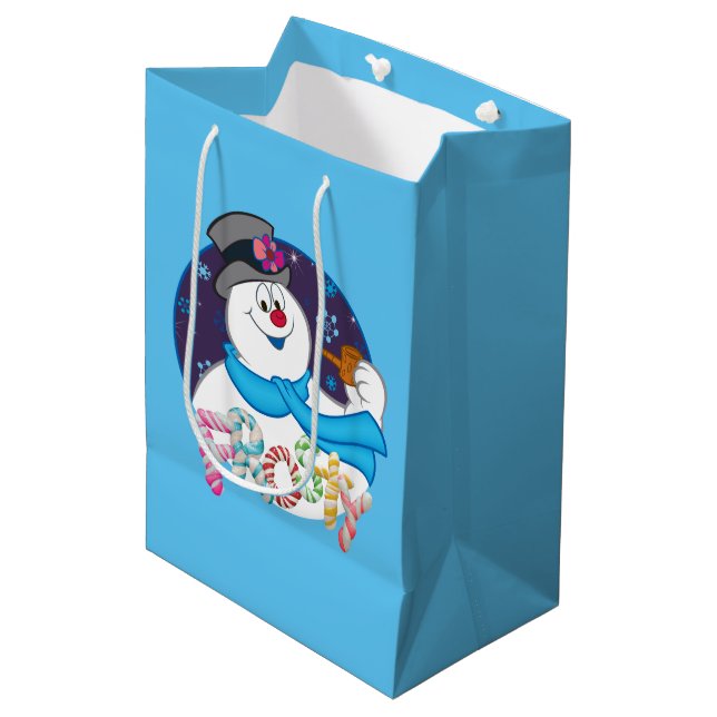 Frosty the Snowman™ | Farbige Candy Cane Name Mittlere Geschenktüte (Vorderseite Schrägansicht)