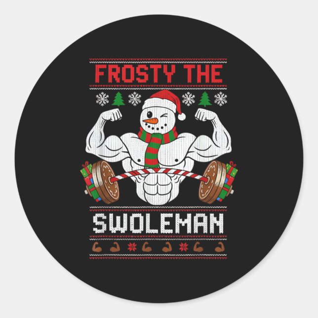Frosty The Swoleman Ugly Christmas Sweater Funny X Runder Aufkleber (Vorderseite)