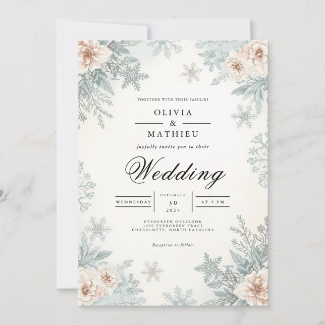 Frosty Winter Bloom Romance Wedding Einladung (Vorderseite)