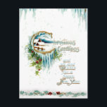 Frosty Winter Christmas Greetings w/Holly Border Postkarte<br><div class="desc">Verzierter Weihnachtsgrüßtext mit heiliger Verzierung und rustikaler Hütte im Winter,  Aquakulturen und dimensionaler,  heiliger Rahmen im weißen Hintergrund. Zurück bietet ergänzende Grafiken und bearbeitbare Textfelder.</div>
