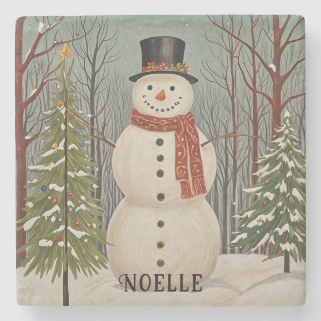Frosty's Snowy Scene Personalisierte Weihnachten Steinuntersetzer (Vorderseite)