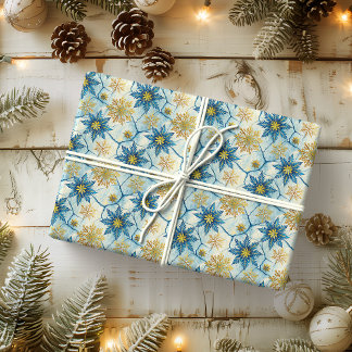 Frozen Elegance Blue and Gold Snowflake Geschenkpapier