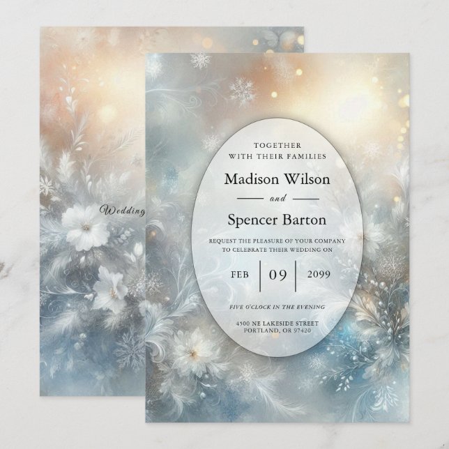 Frozen Petals in a Golden Winter Mist Wedding Einladung (Vorne/Hinten)