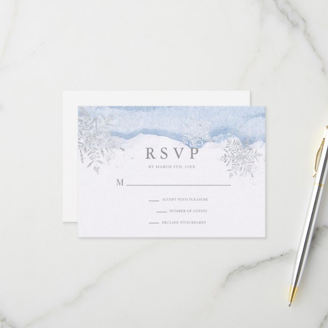 Frozen Winter Silver Snowflakes Hochzeit RSVP Karte (Vorderseite/Rückseite Beispiel)