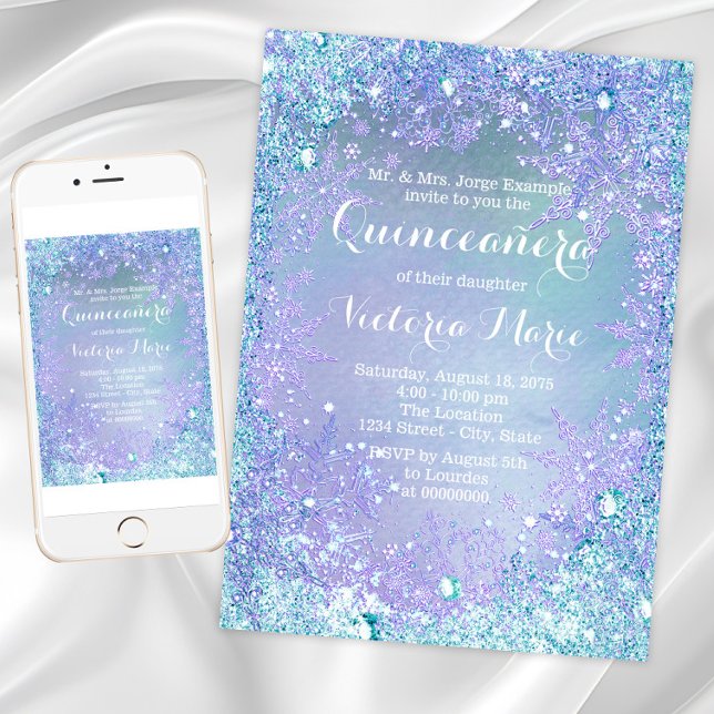 Frozen Winter Wonderland Quinceanera Einladung (Winter wonderland Quinceanera invitation with purple and teal snowflakes. Any event invitation.)