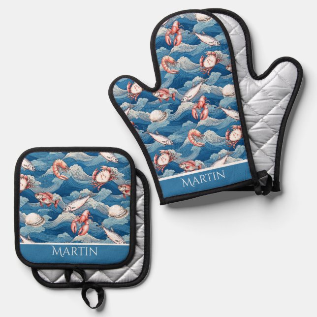 Frucht de Mer Personalisiert Ofenhandschuh & Topflappen-Set (Vorderseite/Rückseite)