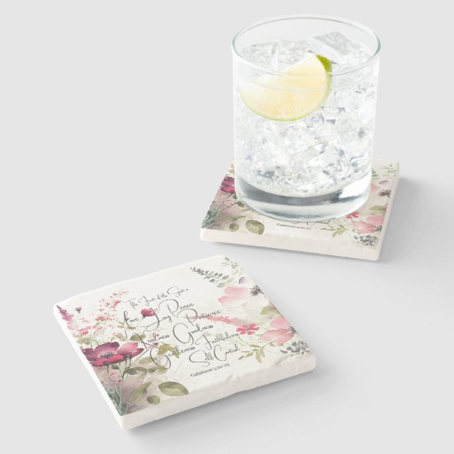 Frucht des Geistes rosa floral Steinuntersetzer (Seitenansicht)