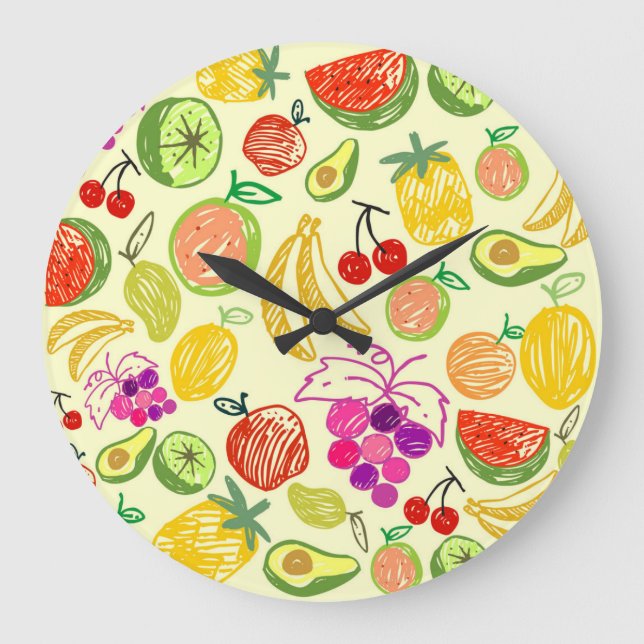 Fruchtdoodle-Muster Große Wanduhr (Vorderseite)