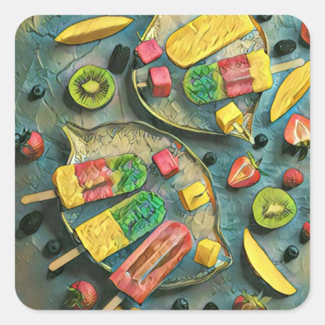 Früchte aus farbigem Eis Quadratischer Aufkleber (Vorderseite)