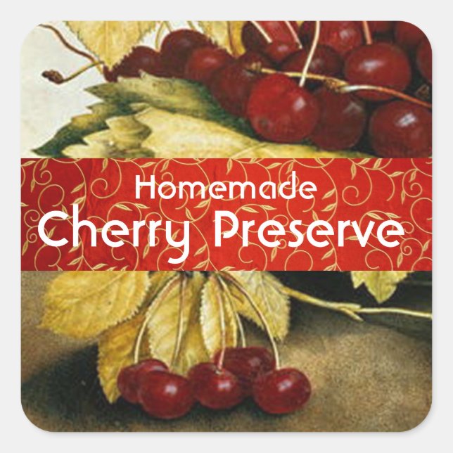 FRÜCHTE DER SAISON, CHERRY Preserve, Jam Jar Quadratischer Aufkleber (Vorderseite)