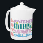 Früchte des Geistes Teapot<br><div class="desc">Ein hübscher Typografie-Design-Teekessel mit der Liste der Früchte des Heiligen Geistes aus Galationen 5:22-23 in sanften Farben mit Schmetterlingen und Blumendetails. Matching Tasse verfügbar!</div>