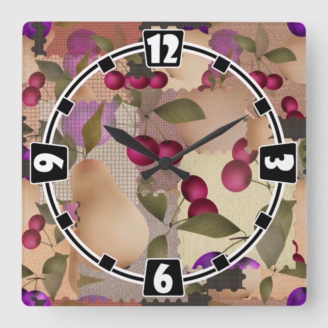Früchte, Patchwork Quadratische Wanduhr (Vorderseite)