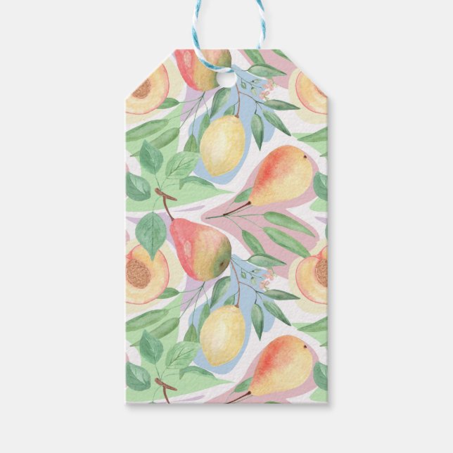 Früchte, Pfirsiche, Birnen, Zitronen, Aquarell Geschenkanhänger (Vorderseite)