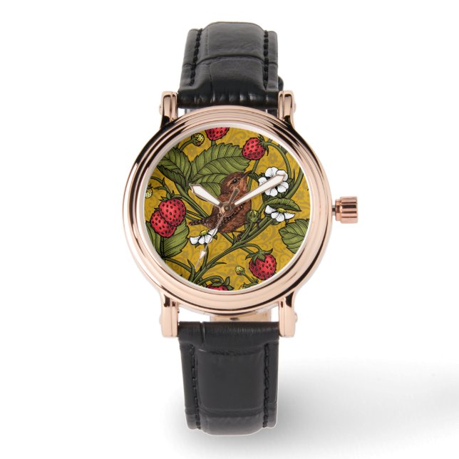 Früchte und Erdbeeren auf Mustrard Armbanduhr (Vorderseite)