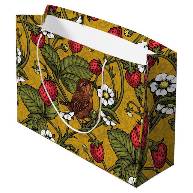 Früchte und Erdbeeren auf Mustrard Große Geschenktüte (Rückseite Schrägansicht)
