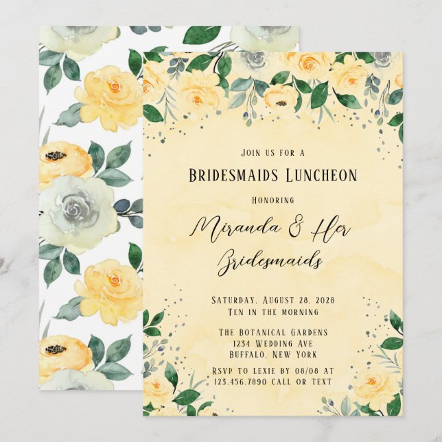 Fruchtgelbe Wasserfarbe Peony Bridesmais Mittagess Einladung (Vorne/Hinten)