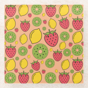 Fruchtige Tapete: Erdbeeren, Zitronen, Kiwis. Glasuntersetzer