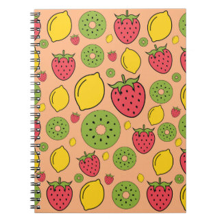 Fruchtige Tapete: Erdbeeren, Zitronen, Kiwis. Notizblock