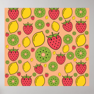Fruchtige Tapete: Erdbeeren, Zitronen, Kiwis. Poster