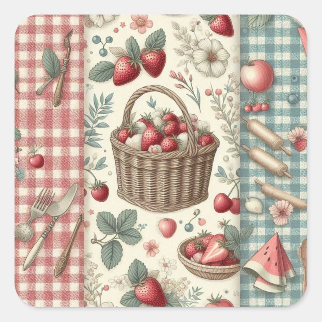 Fruchtkorb Gingham Spaß Quadratischer Aufkleber (Vorderseite)