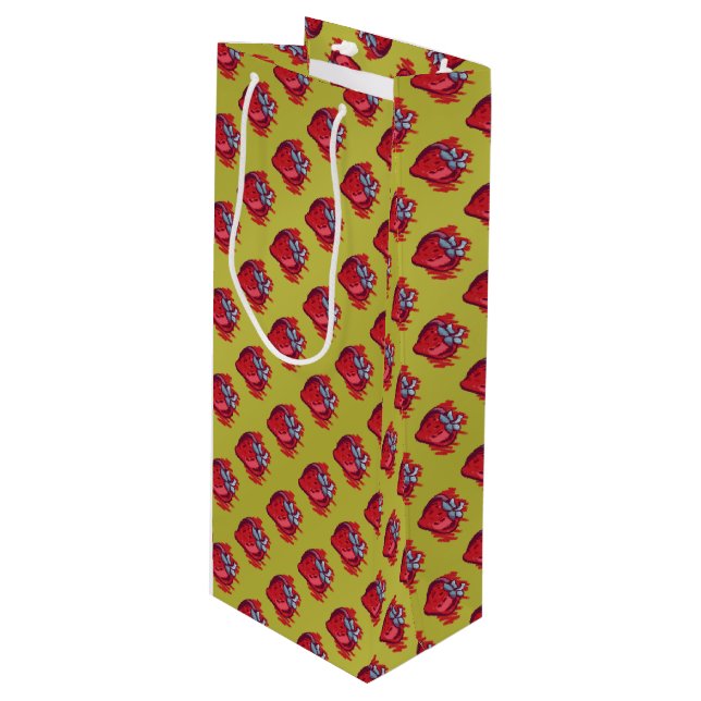 Fruchtmuster Erdbeeren auf Gold Party Stuff Geschenktüte Für Weinflaschen (Vorderseite Schrägansicht)