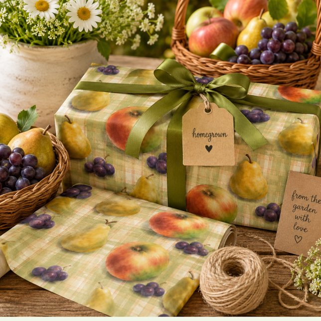 Fruchtmuster-Geschenkverpackungspapierrolle Geschenkpapier (Orchard harvest gift wrap for homemade gifts, preserves, baking, and kitchen gifting.)