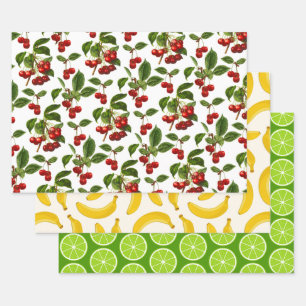 Fruchtmuster, Kirschen, Bananen und Limone Scheibe Geschenkpapier Set